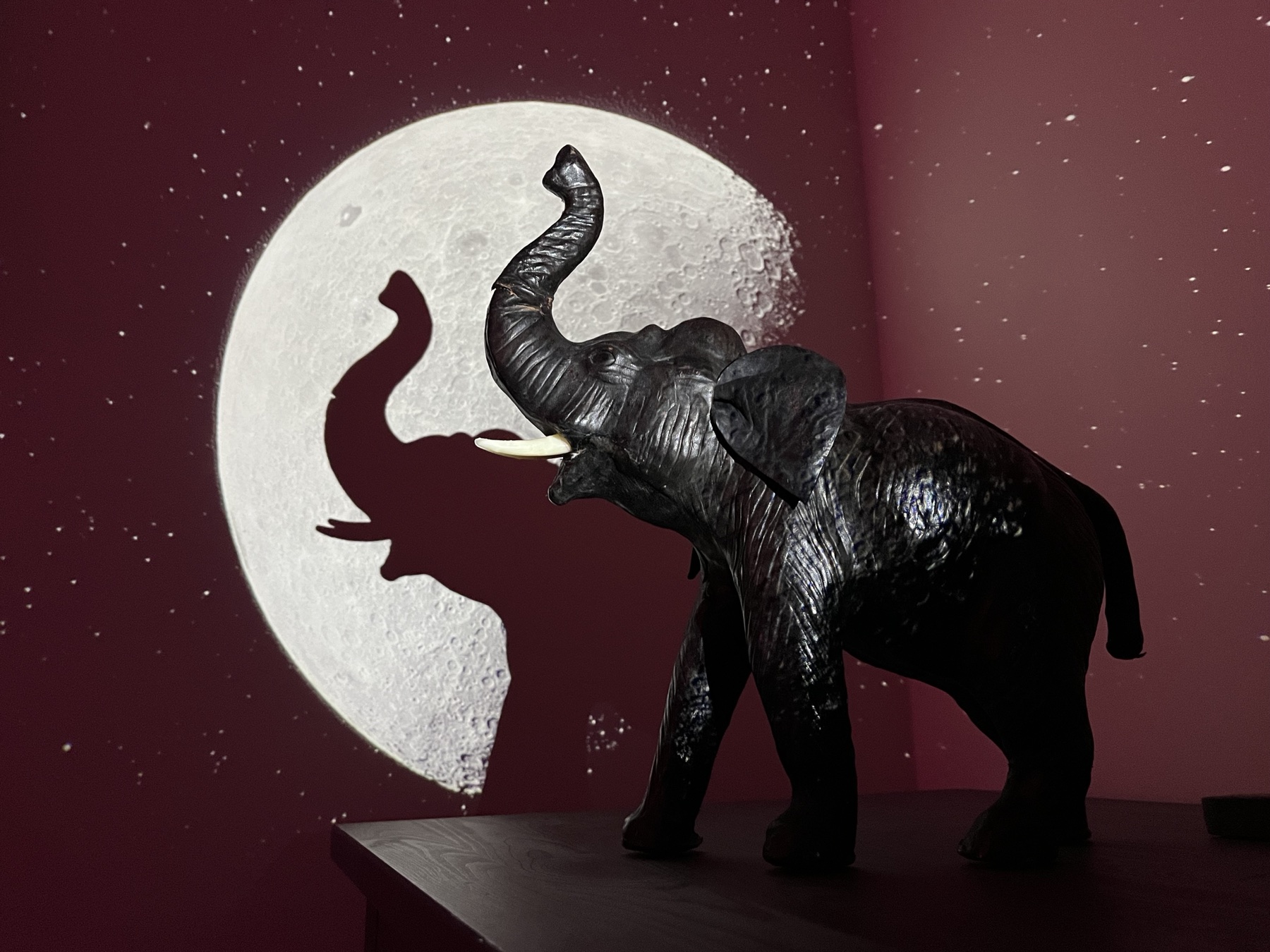 An elephant sculpture casting a shadow across a projected moon