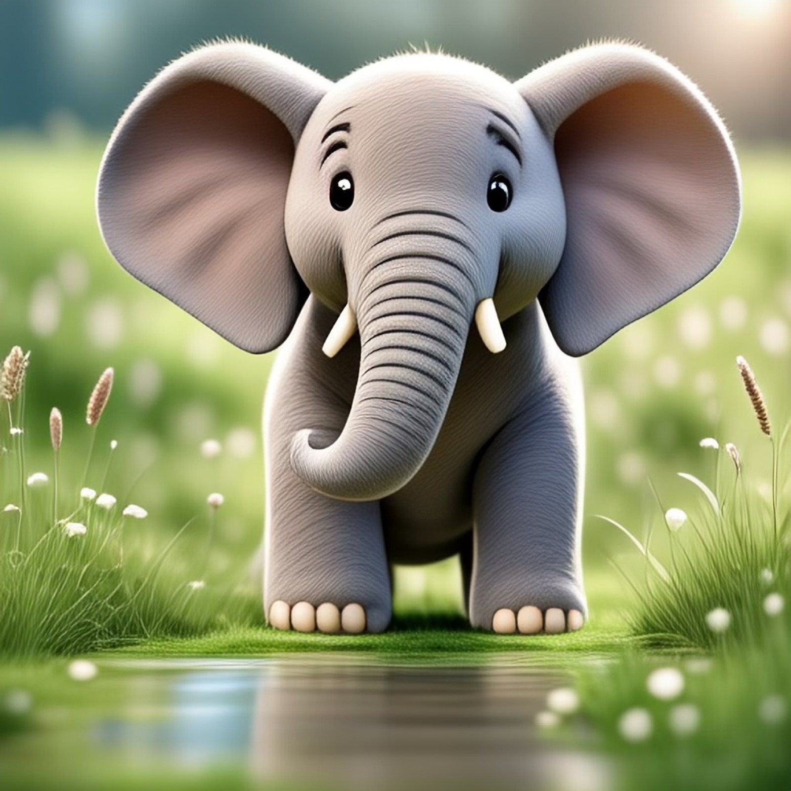 A small elephant standing in a sunlit meadow